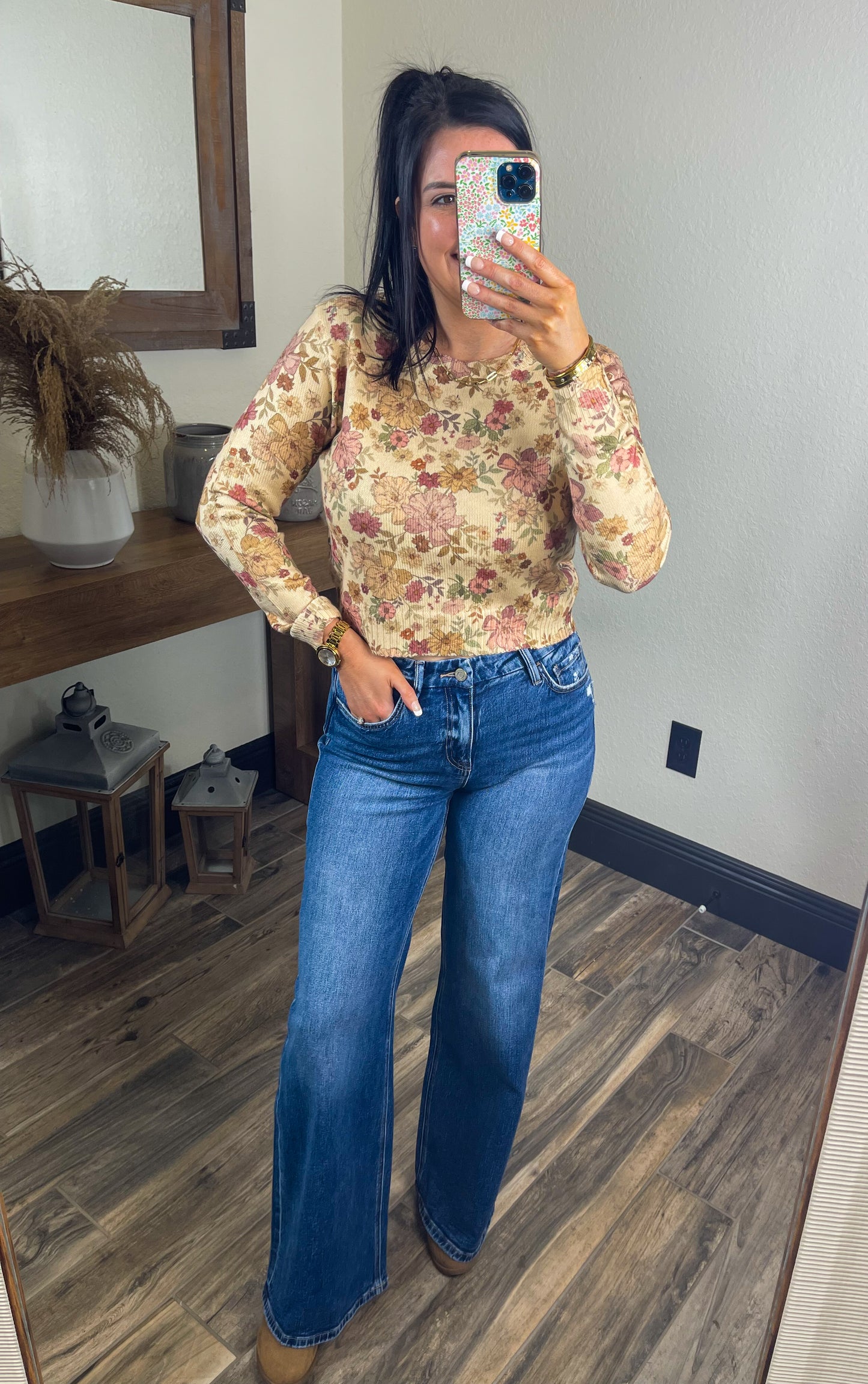 Floral Print Crew Long Sleeve Sweater Top