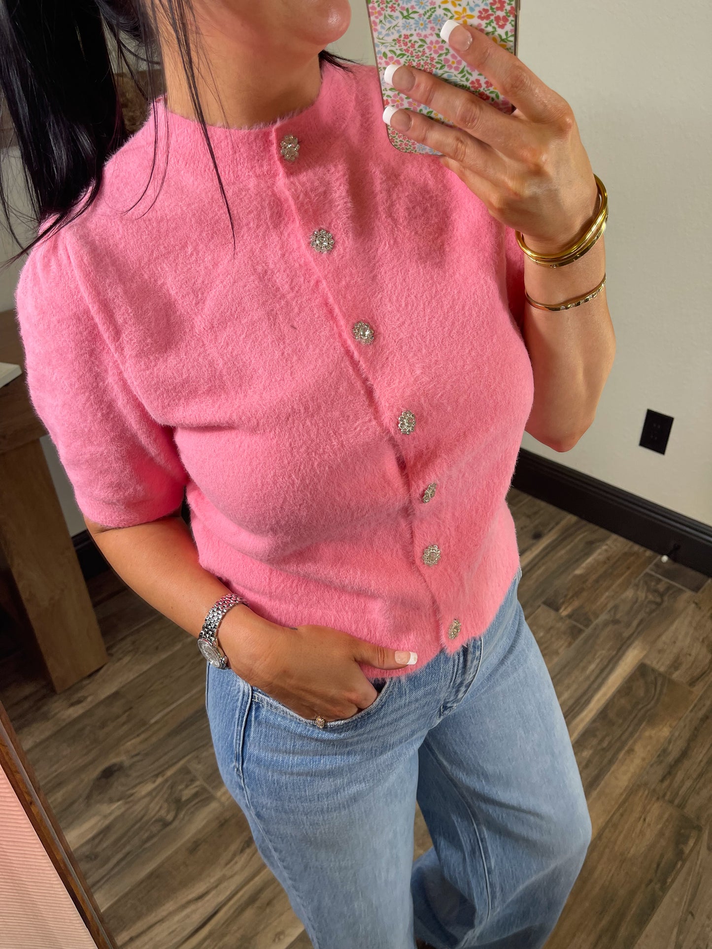 Fuzzy Sweater Knit Top with Buttons