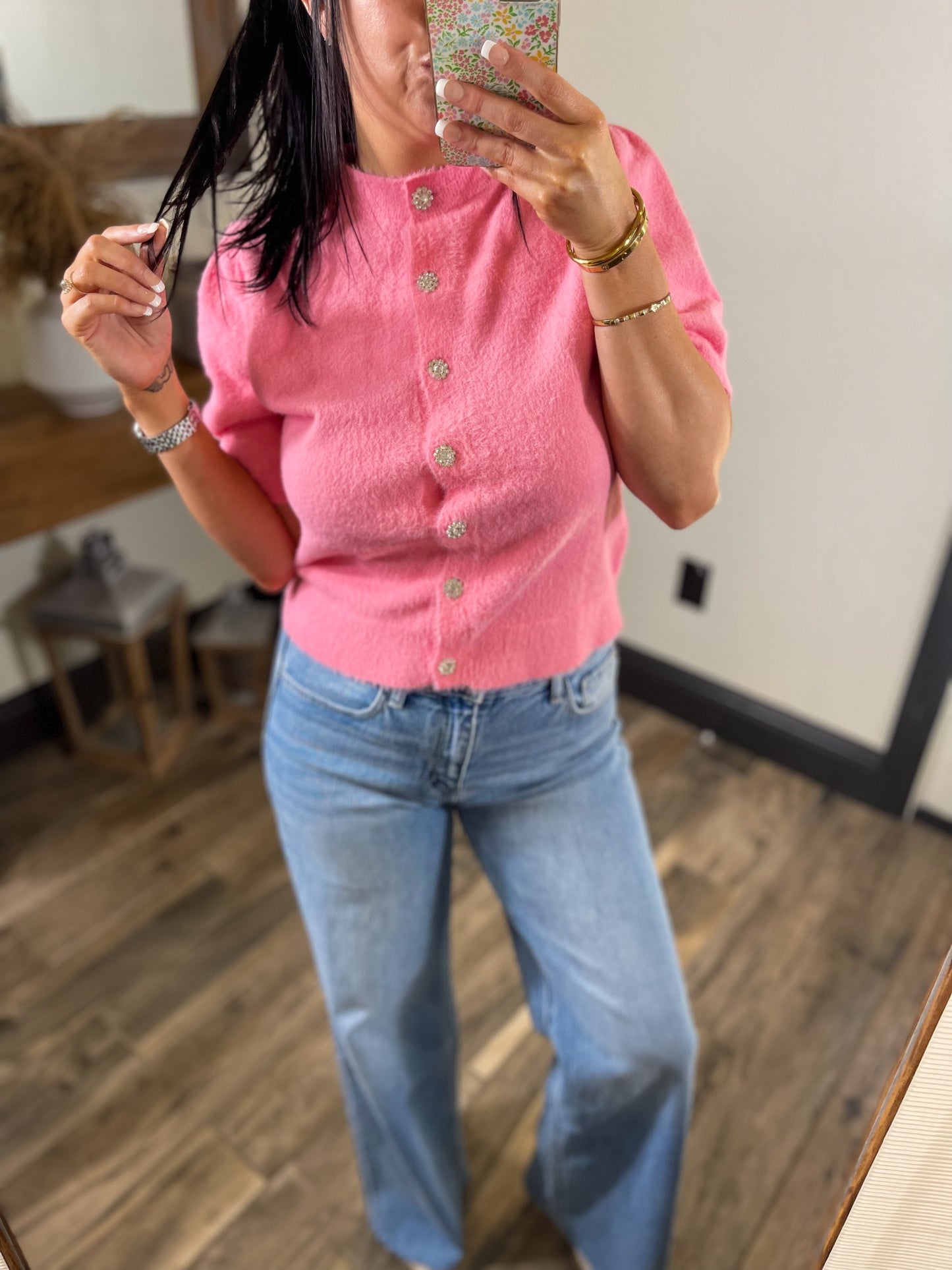 Fuzzy Sweater Knit Top with Buttons