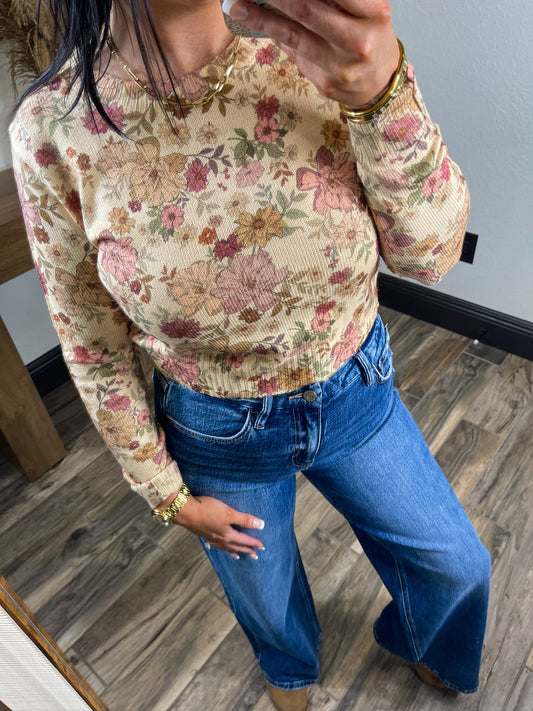 Floral Print Crew Long Sleeve Sweater Top