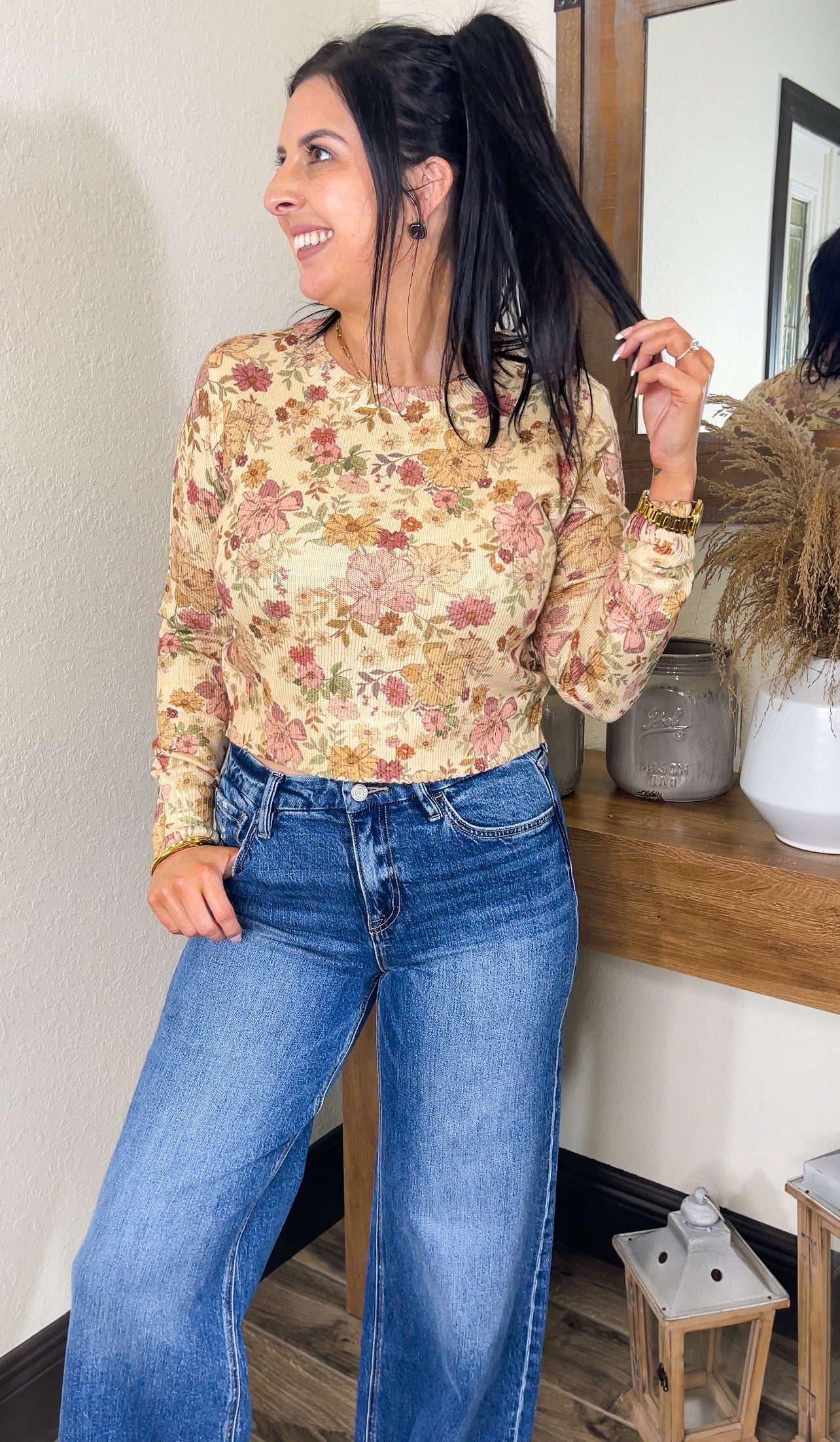 Floral Print Crew Long Sleeve Sweater Top