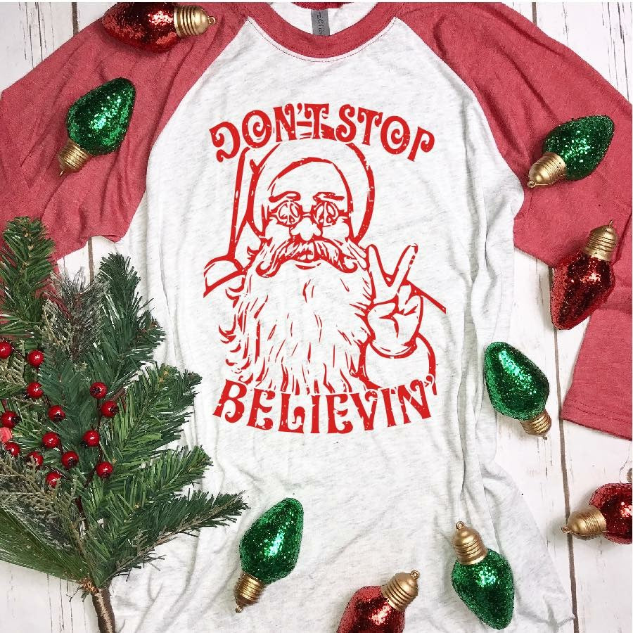 Don’t stop Believing Santa Baseball Tee