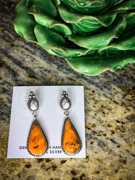 White Buffalo and Spiny Oyster Dangle Earrings